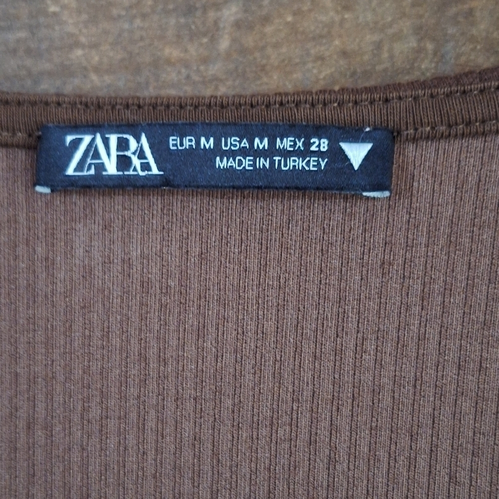 Zara Ribbed Long Sleeve Square Neck Bodycon Dress Brown Size Medium - Picture 2 of 4